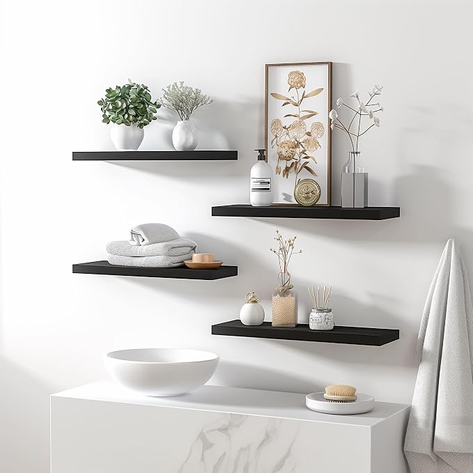 YYWUOJJ Wood Floating Shelves for Wall Decor, Rustic Wall Shelves for Bedroom Bathroom Kitchen Living Room, Set of 6 Black
