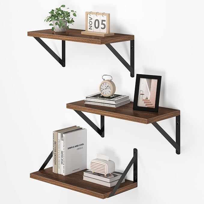Vivelove 8 Inch Deep Floating Shelves for Wall, 16W x 8D Wood Wall Shelves Set of 3, Walnut Wide Floating Bookshelf for Living Room, Kitchen, Office, Bedroom, with Black Metal Bracke - Walnut