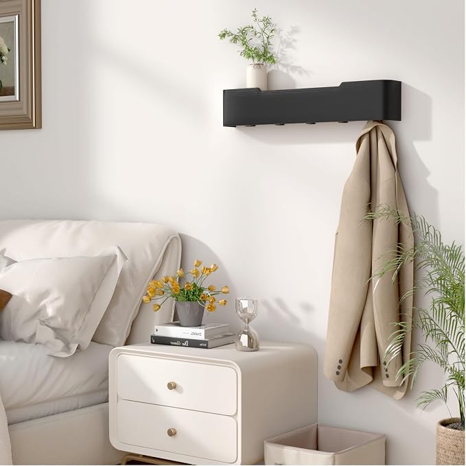 Wall Mounted Coat Rack with Shelf, Wooden Entryway Organizer with Hidden Metal Hooks for Hanging Coats Bags Keys, Modern Floating Shelf for Hallway Bathroom