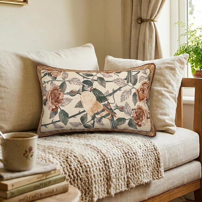 patdrea Vintage Linen Throw Pillow Cover,12"x20",Set of 2-ParkerEstate B | French Decorative Pillow Case with Zipper,Bird and Floral Pattern,Cushion Coverfor Couch Living Room Bedroom