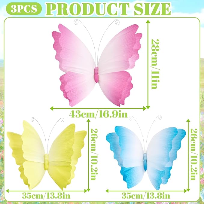 3D Hanging Butterfly Decorations, Butterfly Birthday Party Decorations, 3 Pcs Crepe Paper Butterfly with Soft Gradient Colors, Pink Blue Yellow Hanging Decor for Girls Women, Flower Party Decor