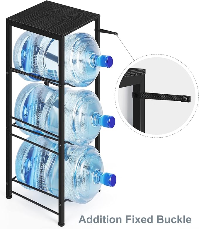 OYEAL Water Bottle Holder Organizer 5 Gallon Water Jug Stand with Shelves, 3-Tier Water Bottle Dispenser Stand for Kitchen Living Room Office, Black