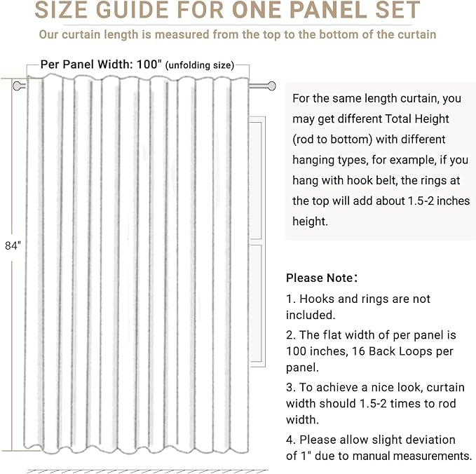 100% Blackout Shield Linen Blackout Sliding Door Curtains for Living Room, Back Tab/Rod Pocket Thermal Insulated Curtains for Sliding Glass Doors, 1 Panel Set, 100" W x 84" L, Cream