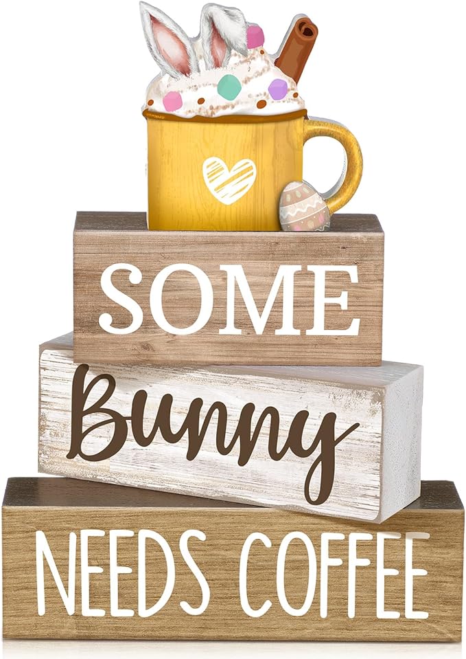 Moucuny 4 Pcs Easter Table Decorations Wooden Coffee Bunny Tiered Tray Decor Happy Easter Centerpiece for Tables Decorative Rabbit Block Signs Gifts Farmhouse Rabbit Decor for Home Kitchen Shelf