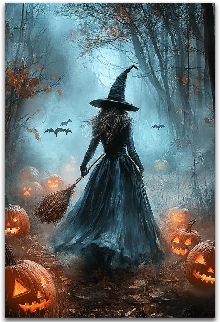 Vintage Moody Halloween Witch Artwork Wall Decor,Spooky Halloween Gothic Canvas Artwork Creepy Horror Witch with A Broom Pumpkin Bats Rustic Forest Picture,Dark Academia Poster,16"x24" Unframed