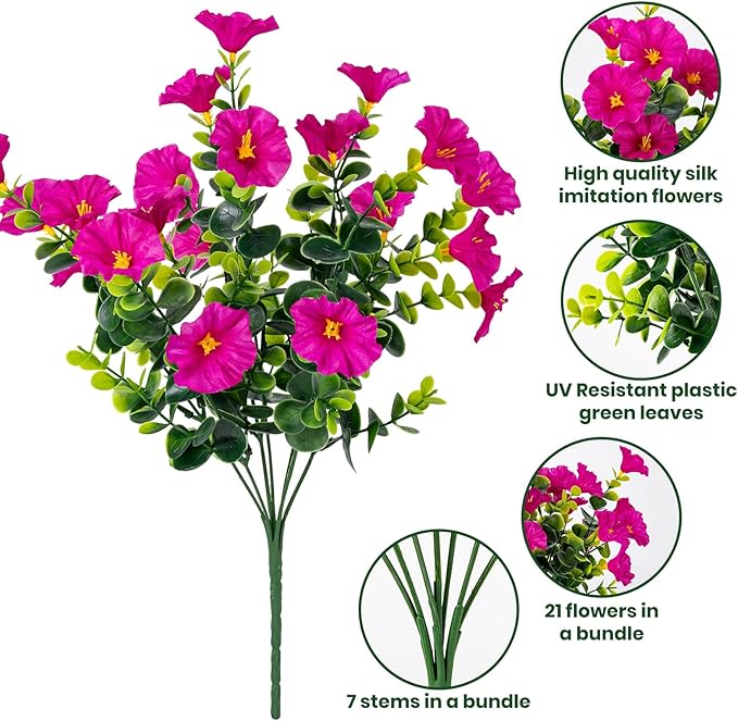 Nigirior Artificial Faux Flowers for Outdoor 16 Bundles Boxwood Fake Morning Glory for Planter,UV Resistant Fake Flowers for Home Porch Patio Outside（Magenta）
