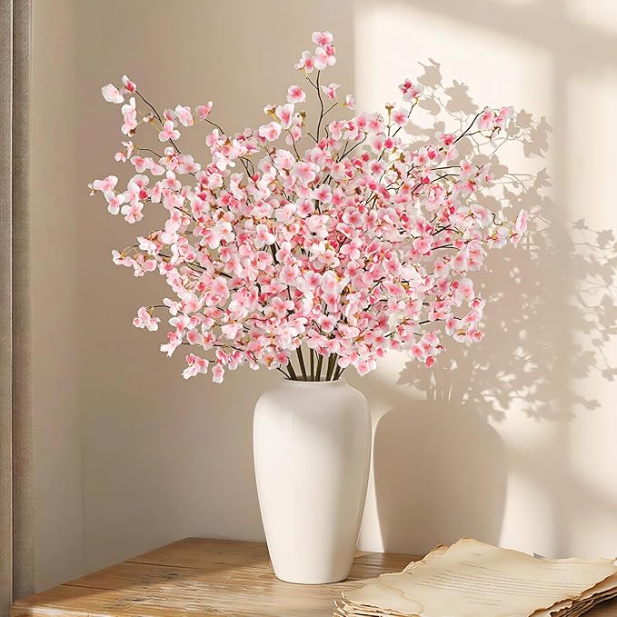 Uieke 24 Pcs Silk Cherry Blossom Branches, 40.5in Artificial Cherry Blossom Flowers Long Stems Fake Flowers Vase Arrangements for Wedding Home Japanese Decor, Pink