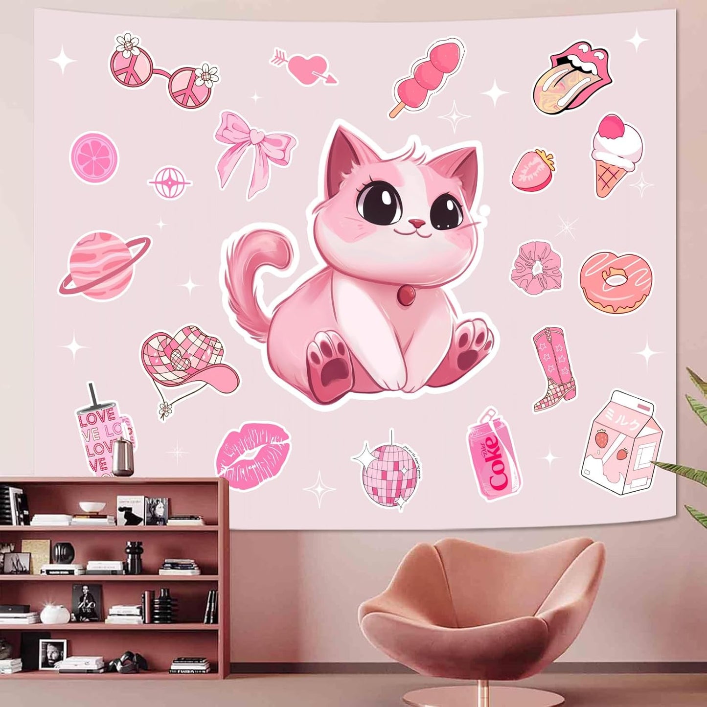 Lunerfex Y2K Tapestry Pink Cat Wall Tapestry, Cute Tapestries for Bedroom Funny Tapestries Wall Hanging for Bedroom Living Room Decor Pink-5 44"x60"