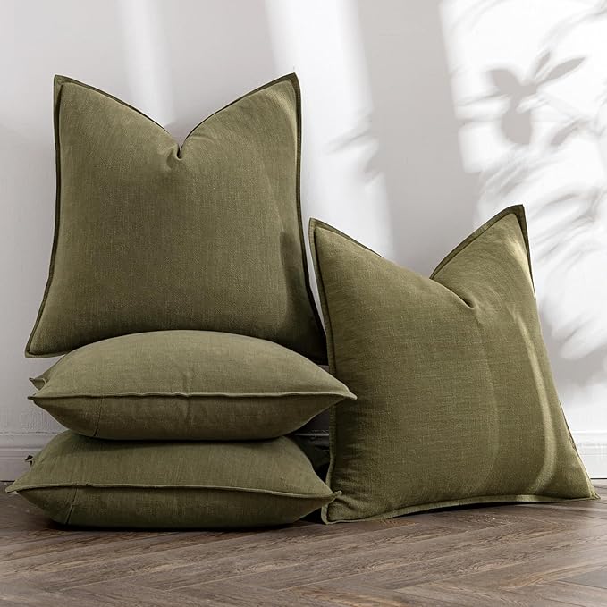 MIULEE Olive Green Linen Pillow Covers Pack of 4 Decorative Natural Solid Throw Pillow Covers Soft Accent Boho Farmhouse Couch Pillowcases Modern Spring Decors for Living Room Bed Sofa 20x20 Inch