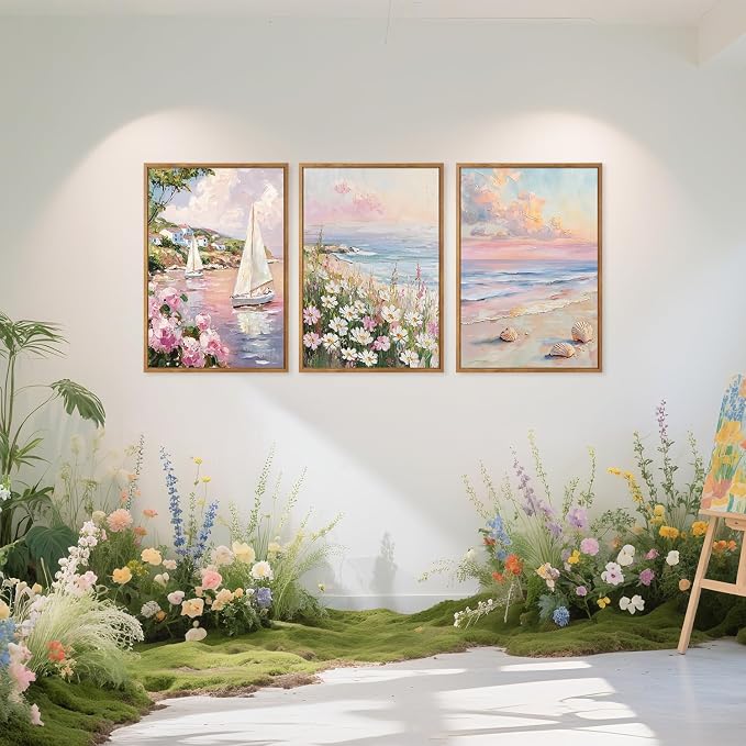 TOARTi Framed Pastel Coastal Sailboat Canvas Wall Art Set, Pink Beach Daisy Floral Wall Decor, Watercolor Spring Ocean Seascape Wildflower Art Prints for Farmhouse Living Room Bedroom Office-16”x24”x3