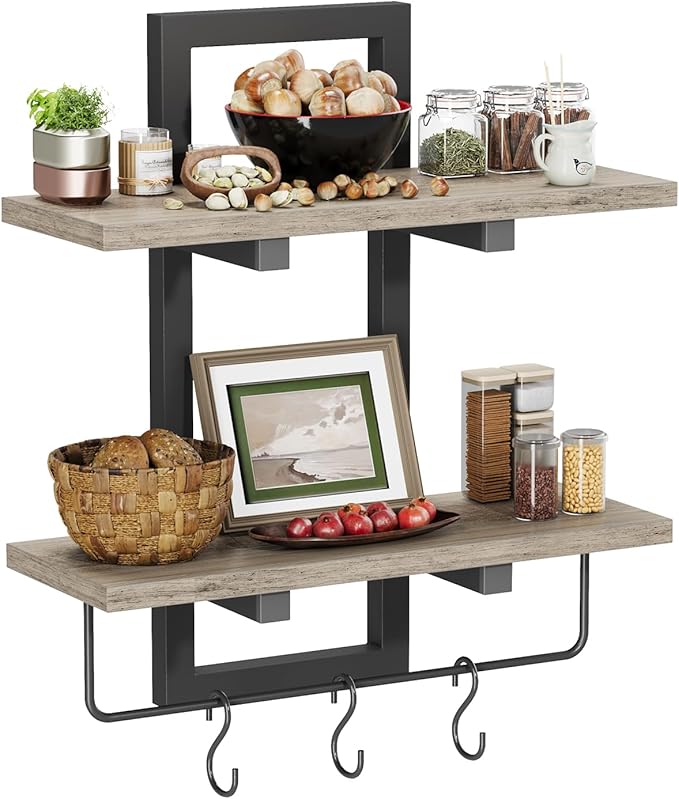 Creso hom Floating Shelves, 15" Wall Shelf Set of 2, Hanging Bathroom Shelves 2-Tier, Wall Mounted Storage Shelves, for Living Room Bedroom Bathroom Kitchen Office Coffee Bar, Greige