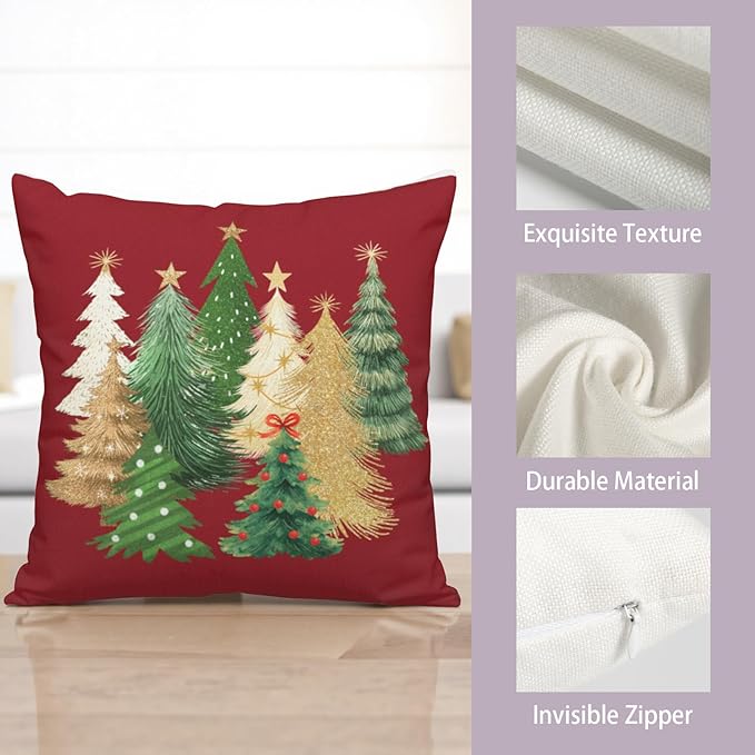 Red Christmas Pillow Covers 20x20 Set of 2 Gold Green Xmas Tree Pillow Case Winter Holiday Throw Pillow Covers Double Sided Printing Decorative Cushion Case for Couch Sofa