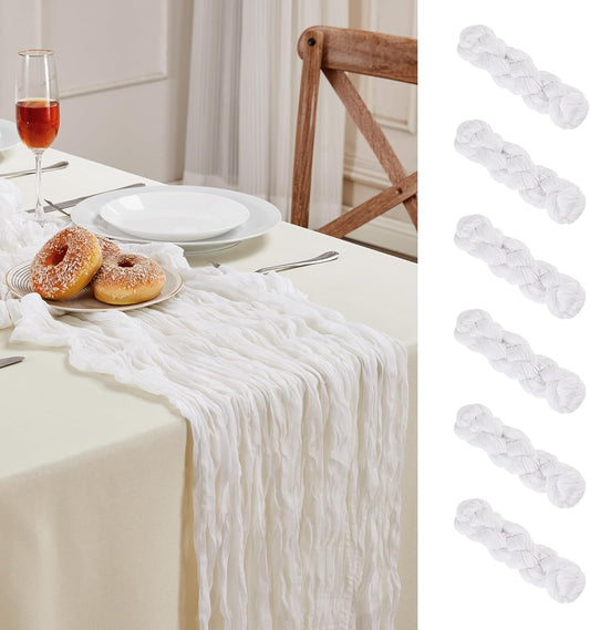6 Pack White Cheesecloth Table Runner 10FT Long Boho Gauze Table Runner Rustic Sheer Runner for Wedding Bridal Baby Shower Birthday Party Table Decor Thanksgiving Christmas Decorations