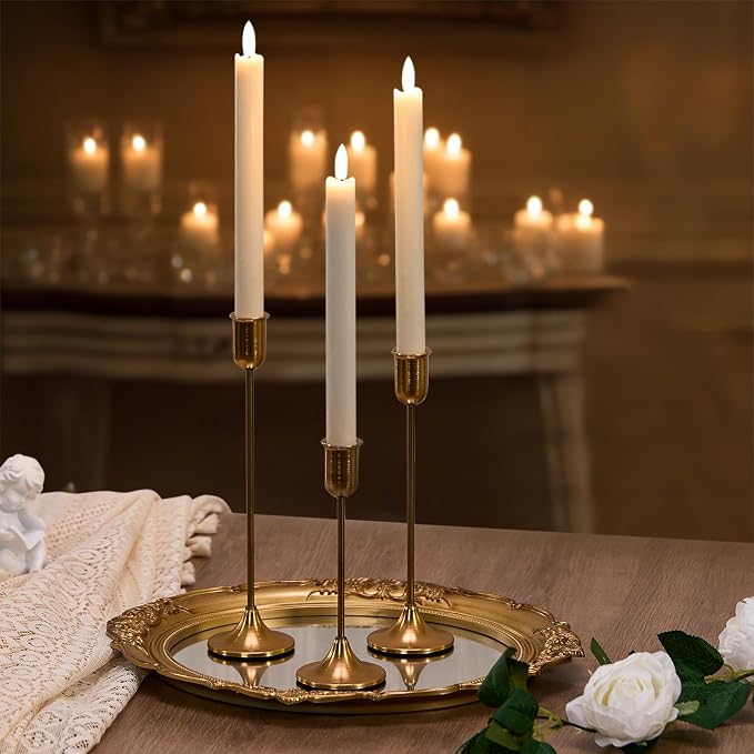 Brass Gold Candlestick Holders Set of 6, Metal Taper Candle Stick Holder | Vintage Modern Candle Holder Decor for Table Centerpiece, Fireplace Mantel Wedding Housewarming Gift, Candlelit Dinner Décor