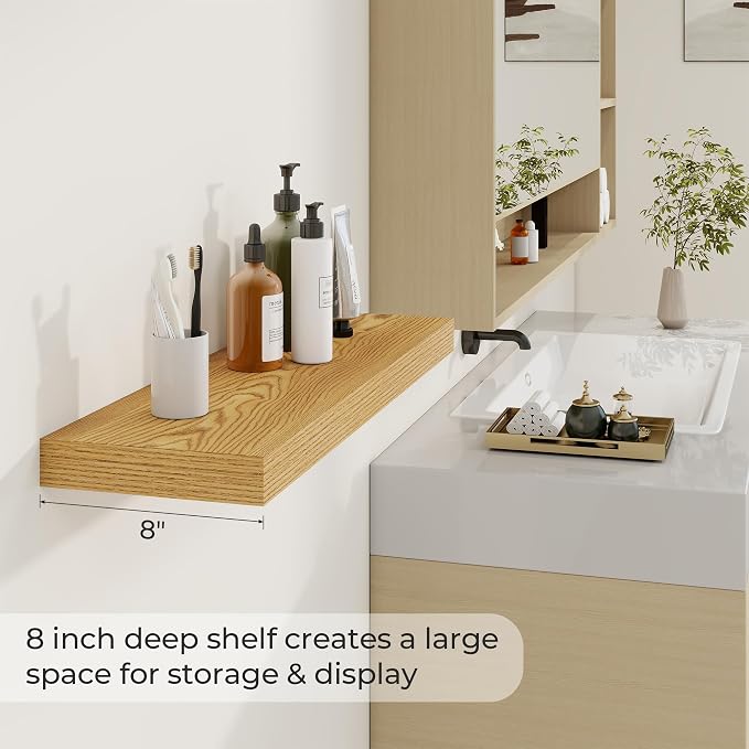 Dreamland 30Inch Floating Shelves for Wall 8" Deep Light Brown Set of 2 | Wall shelves for bathroom, bedroom, Living Room, kitchen, deep wall mount wood storage display for home decor 30" x 8"