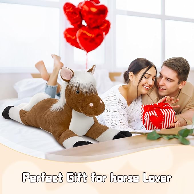 Tezituor 43.3 Inch Giant Horse Stuffed Animals with Long Hair, Realistic Stuffed Horse Plush Toys for Riding, Hugging Brown Horse Plush Pillow for Boys Girls Christmas Birthday Decoration