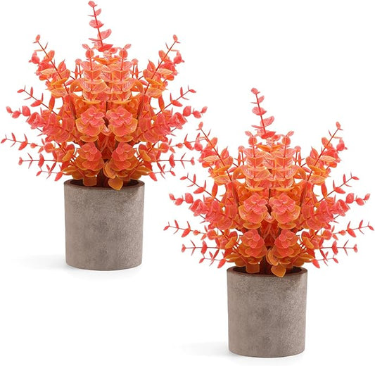 Coferset 2 Pack Fall Small Fake Plants Eucalyptus Potted Artificial Plants Fall Decorations for Home Shelf Office Bathroom Desk Farmhouse Room Coffee Table Decor Fall Decor (Fall Orange)