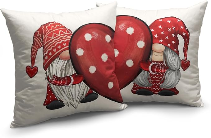 Pack of 2 Valentine Gnome Decorative Pillow Covers 20x20 Red Polka Dots Love Heart Throw Pillow Covers Cotton Linen Cushion Case Valentines Day Decorations for Home Sofa Chair