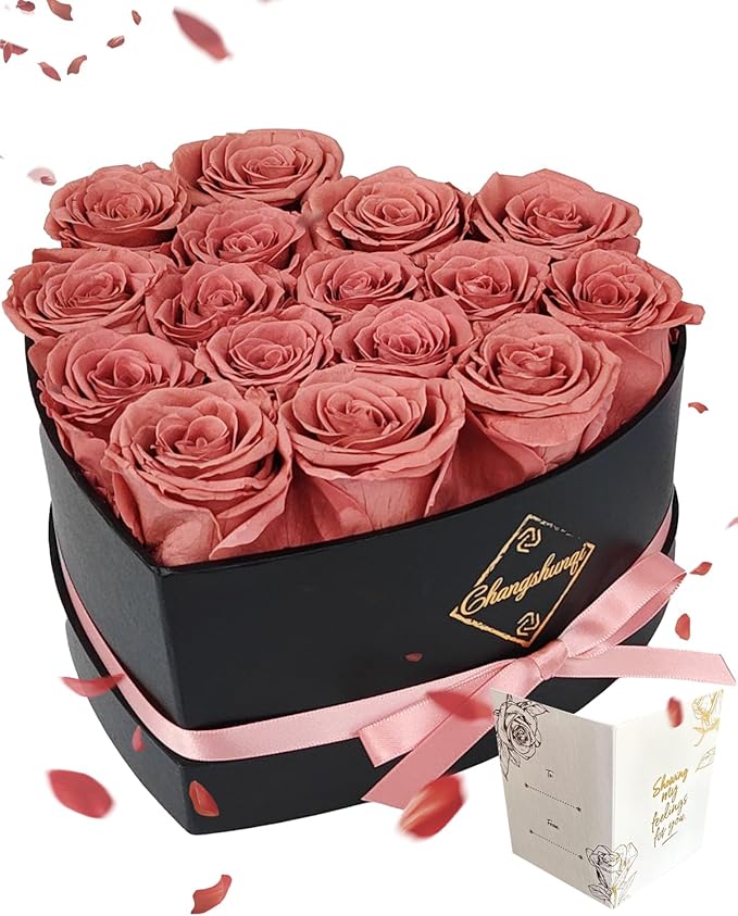 Changshunqi 16 Flowers Forever Preserved Roses in Heart Box, Preserved Flowers Womens Birthday Gifts for Women Mothers Rose Gift for Her Romantic Eternal Real Rose for Women Mom Wife