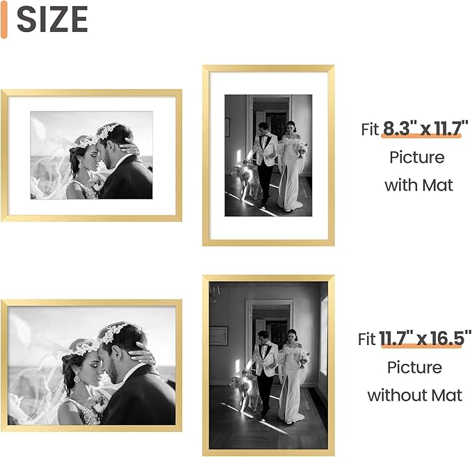 upsimples A3 Picture Frame, Display Pictures 8.3x11.7 with Mat or 11.7 x 16.5 Without, Wall Hanging Poster Frames, Gold, 1 Pack
