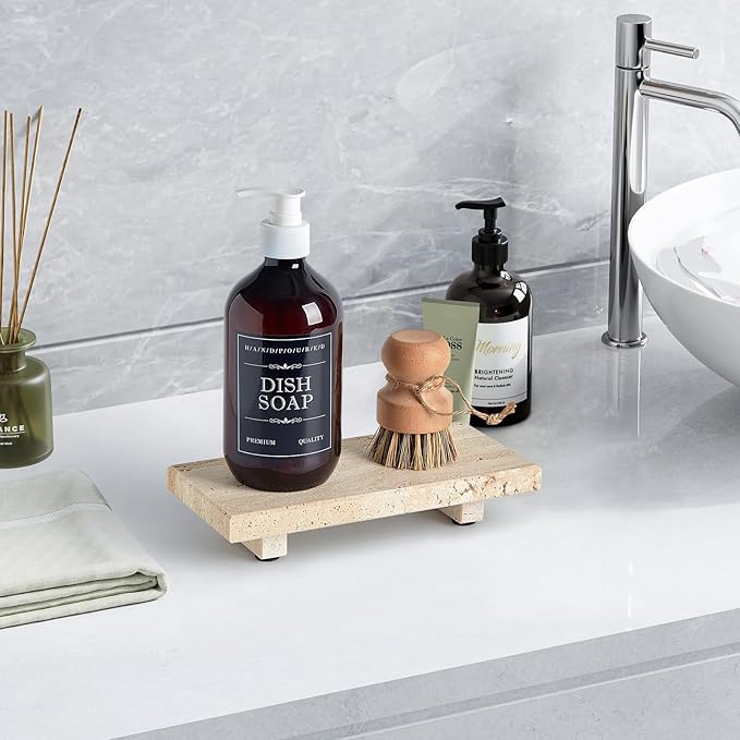 Natural Travertine Tray Pedestal Stand – Soap & Jewelry Riser for Bathroom Counter, Kitchen Sink, Vanity Organizer, Decorative Stone Catchall for Perfume, Candles