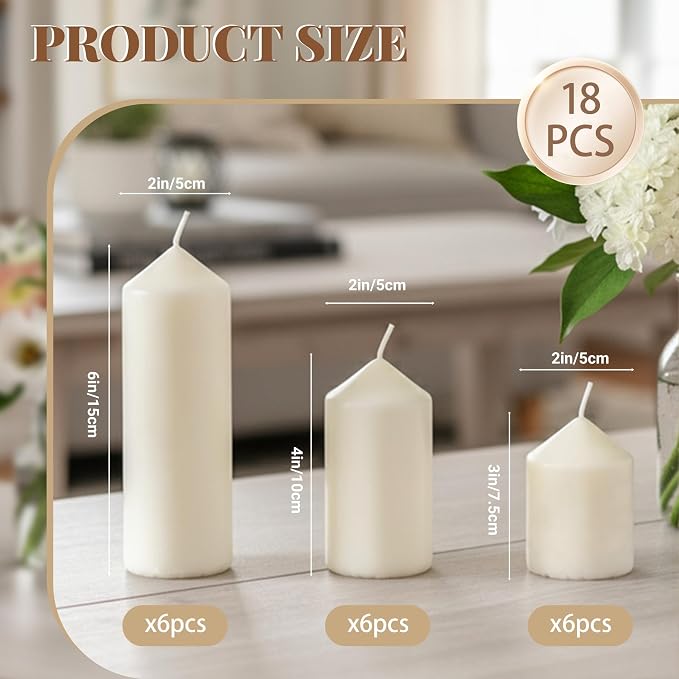 18 Pcs Ivory Pillar Candles Bulk Set | Unscented Dripless Smokeless Wax Candles | 3 Assorted Sizes: 2x3, 2x4, 2x6 for Wedding Centerpiece, Hurricane Vases, and Home Decor