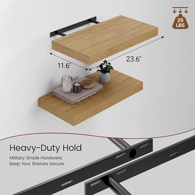 Heimlove 12" Deep Floating Shelves for Wall, 24 Inch Shelf Bathroom Shelves Set of 2, Mounted Shelves for Books Living Room Laundry Room Bedroom Kitchen Home Office, Oak