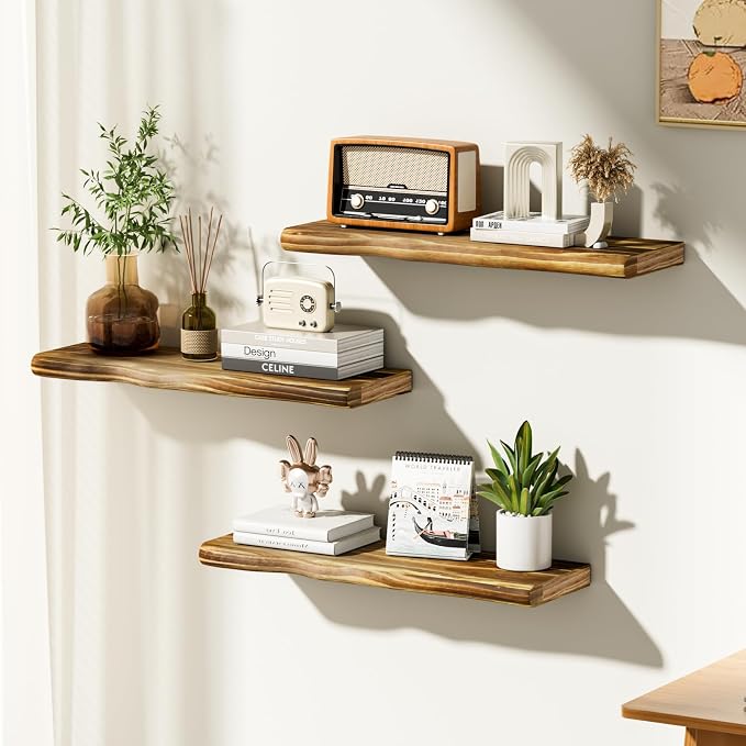 Solid Wood Live Edge Floating Shelves Set of 2 – 24" Rustic Wall Shelf with Hidden Bracket System, Wall Mounted Shelves for Bathroom, Kitchen, Living Room, Bedroom (Glazed)