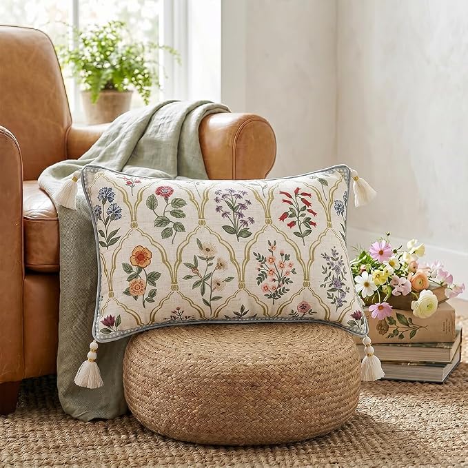 ISAENNE Designer Linen Throw Pillow Cover,Set of 2,20"x12"-Serenity B | French Elegant Rectangle Decor Pillow Cover,Concealed Zipper Design,Colorful Floral Pattern,Sofa,Bedroom,Living Room,Chair