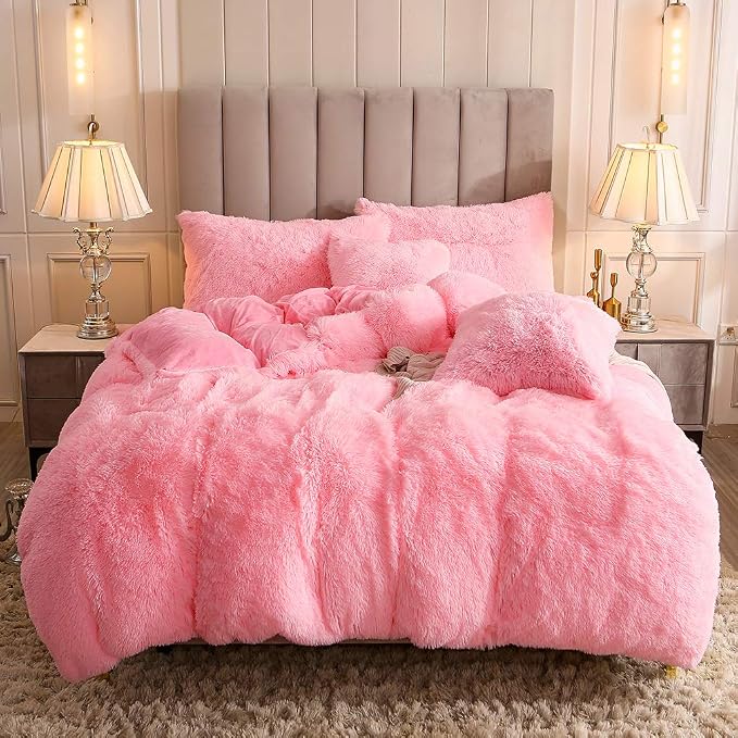 Faux Fur Velvet Fluffy Bedding Duvet Cover Set Down Comforter Quilt Cover with Pillow Shams, Ultra Soft Warm (King, Pink)