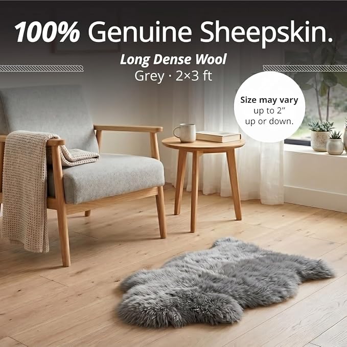 Premium Genuine Sheepskin Rug – Soft & Fluffy Single Pelt (2’ x 3’) Grey Lambskin Area Rug for Bedroom, Living Room Or Chair Cover Sheepskin Throw – Made in Argentina