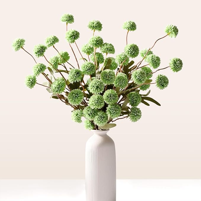 Waipfaru 10pcs Fake Flowers, Artificial Pompon Mums , Bulk Faux Chrysanthemums Flowers for Indoor Home Decorations, Boho Decor, Green, No vase
