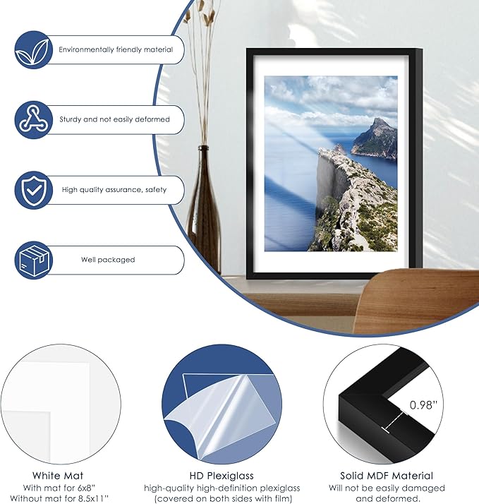 PEALSN 18x24 Poster Frame Set of 6, Display Pictures 16 x 20 with Mat or 18 x 24 without Mat for Wall Mounting Display, poster frames 18 x 24 for Wall Decor, Black