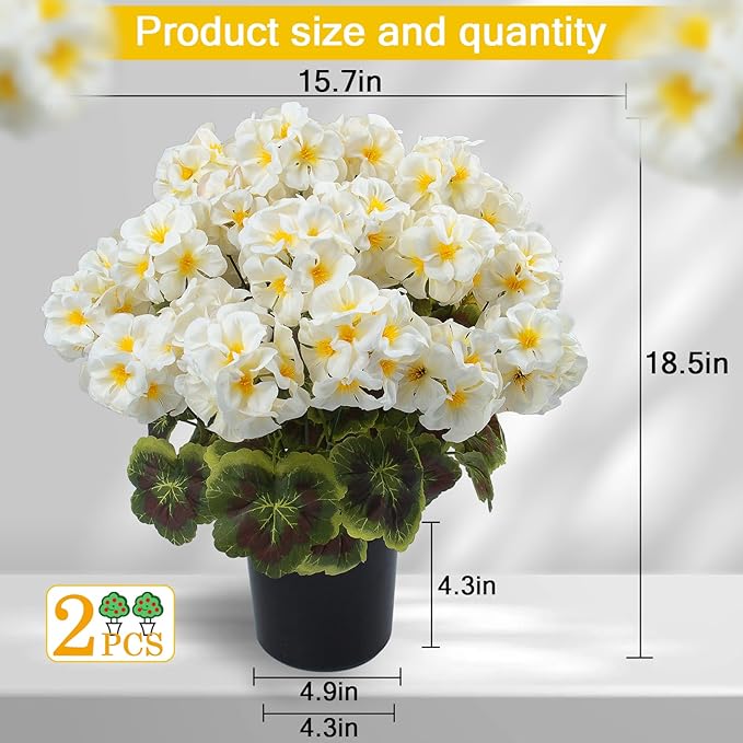 lovemoon 2 Pcs Geranium Potted Artificial Flowers, Fake Geraniums Plants UV Resistant Silk Potted Plants for Outdoor Home Décor Office Porch Garden Decor (2, White)