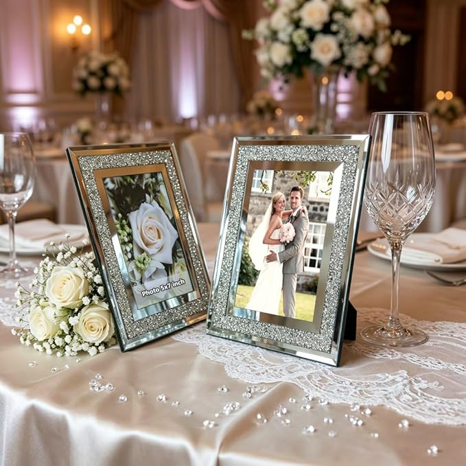 ALLARTONLY Crush Diamond Mirror Photo Frame In Bling Sparkle Crystal Silver Glass Finish, For Picture Size 5x7 inch, Pack of 2 Piece, table top Stand frame & Wall Frame