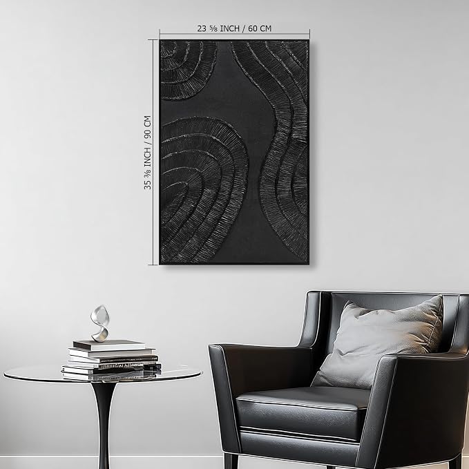 Textured 3D Abstract Hand-Painted Wall Art Large Black Thick Texture Minimalist Wall Art - 3D Contemporary Dimensional Home Office Living Room Modern Wall Decor Framed - 24"x36"