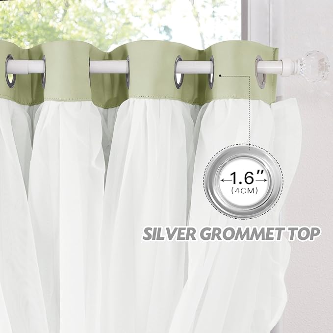 PONY DANCE Blackout Curtains for Whimsical Forest Teen Room，Double Layer Drapes Ruffle Sheer Overlay Farmhouse Rustic Design, W 52 x L 84 Inches, Meadow Green, 2 Panels