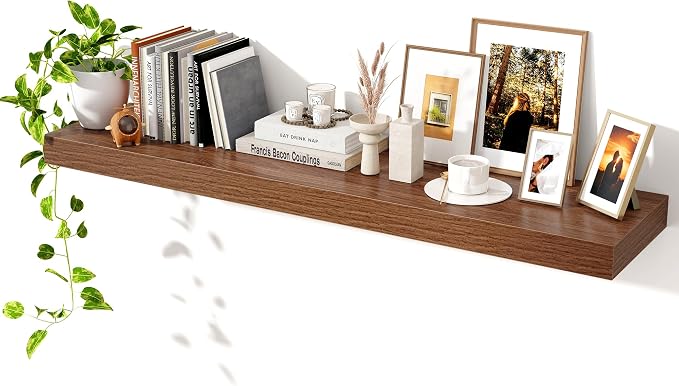 Axeman 48Inch Floating Shelves for Wall, Rustic Wood Shelves for Bedroom, Bathroom, Kitchen, Hanging Wall Mounted Shelf with Invisible Brackets for Books Decor, Set of 1, Walnut