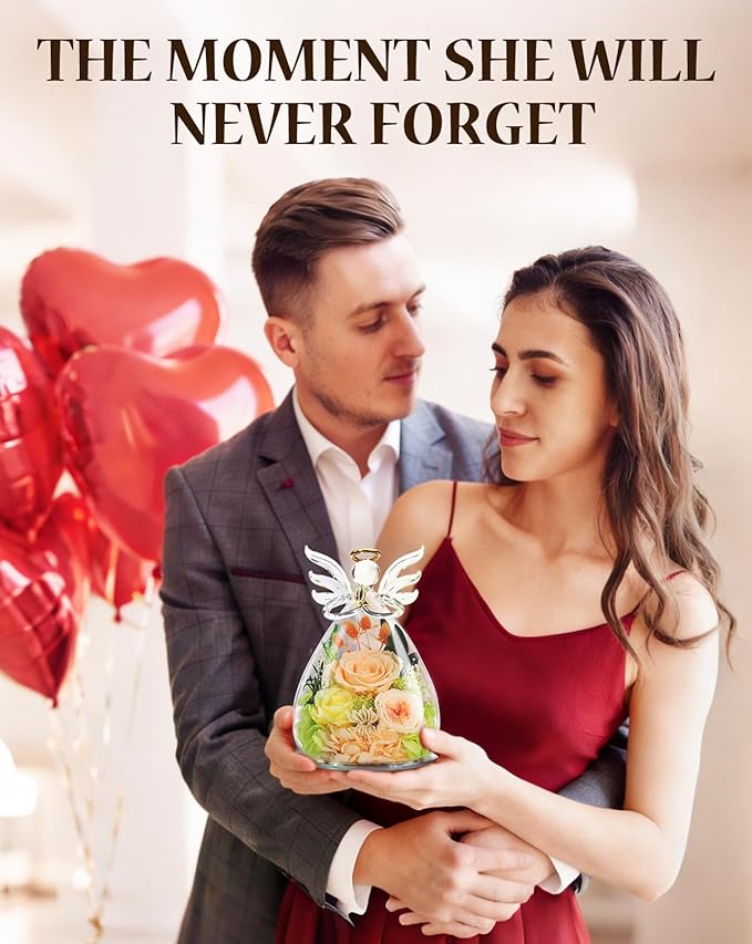 homeasy Birthday Gifts for Women Mom, Preserved Flowers Rose in Glass Angel Figurines, Forever Fresh Flowers for Delivery Gift Box with 3D Card for Grandma Wife Her
