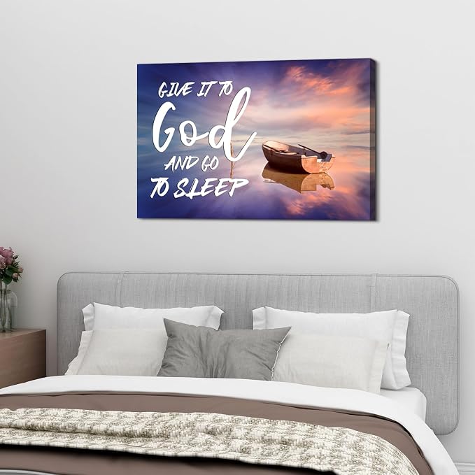 Christian Wall Art for Bedroom Give It to God and Go to Sleep Sign Canvas Prints Office Decor Boat Beach Picture Religious Poster Bible Verse Painting for Living Room Kitchen Home Decorations 32x48''