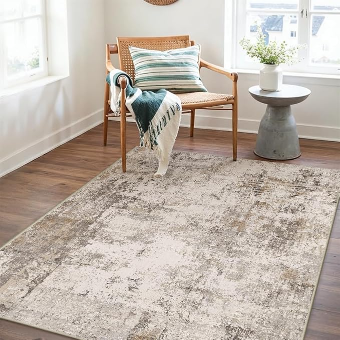 3x4 Washable Area Rug Brown Grey Abstract Non Slip Soft Low Pile Rug for Entryway Kitchen Bathroom Neutral Modern Throw Carpet for Living Room Bedroom Home Decor