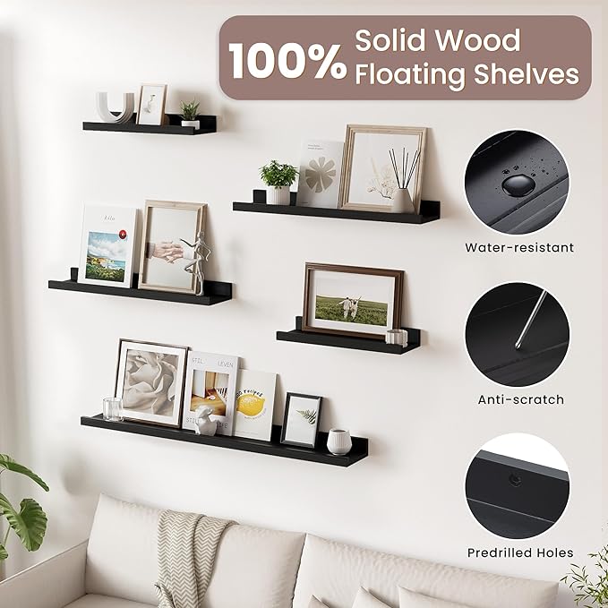 Acovy Long Floating Shelves for Wall, 72 inch Solid Wood Picture Ledge Shelf, Picture Shelf for Wall with Ledge, Floating Book Shelves for Living Room Bedroom Kitchen Nursery Decor, Black, Set of 2