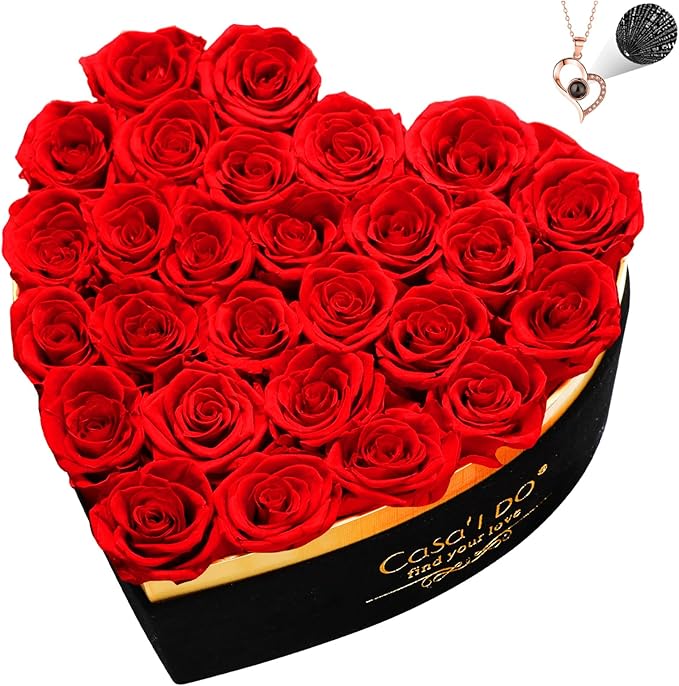 Casaido Preserved Roses Flowers for Delivery 27 Pcs, Mothers Day Rose Gifts for Her, Forever Flores in Heart Box with Necklace, Anniversary Birthday Christmas Vanlentines Gift for Wife Girlfriend, Red