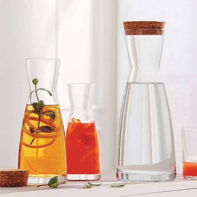 Bormioli Rocco Ypsilon Glass Carafe Set with Cork Tops - 36.25 oz Contemporary Juice Containers & Drink Dispensers for Wine, Water, Milk - Dishwasher Safe Glassware for Entertainment, Made in Italy