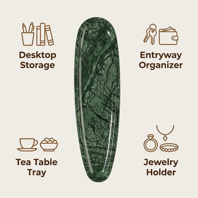 Natural Marble Vanity Tray, 16.6"x4.6" Green Real Stone Decorative Tray for Bathroom Countertop & Home Decor, Catchall Organizer for Jewelry, Candles, Cosmetics & Perfume（Green）