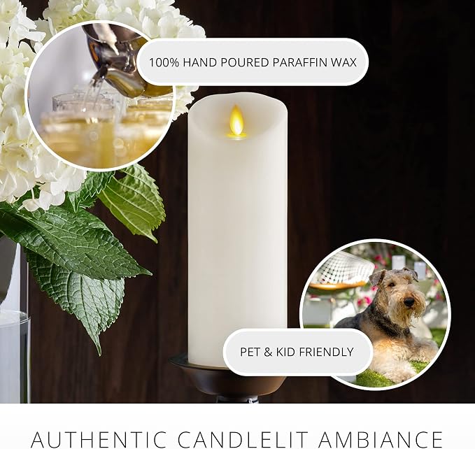 Luminara Realistic Moving Flame LED Candle (3"x8.5") Scalloped Edge Smooth Finish Real Wax Pillar, Battery Operated (2 C) 600 Hr Runtime, Timer, Remote Ready, Unscented - White