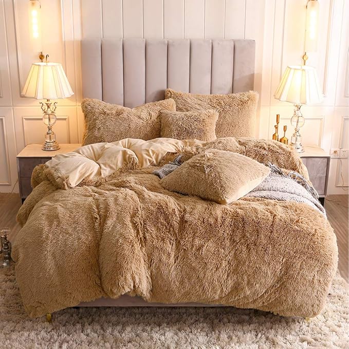 Faux Fur Velvet Fluffy Bedding Duvet Cover Set Down Comforter Quilt Cover with Pillow Shams, Ultra Soft Warm (Queen, Camel)
