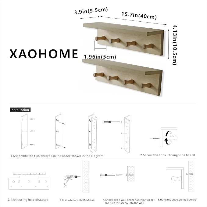 Wall Mounted Coat Rack with Shelf, Entryway 8 Hooks, 2 Pack | Birch finish shelf