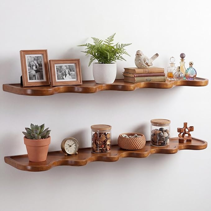 Pinkunn 2 Pcs Walnut Floating Shelves for Wall 36 Inch Wave Edge Floating Shelf Wooden Live Edge Shelves Wall Decor for Bathroom Bedroom Living Room Office, Scalloped Mounted Display Hanging Shelf