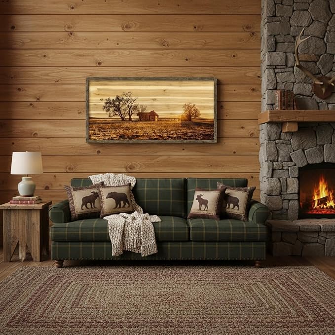 Farmhouse Picture Framed Wall Art: Large Bedroom Wooden Farm Country Painting Horizontal Old Barn Cabin Sunset View Artwork Big Panoramic Nature Landscape Natural Scene Print for Home Living Room